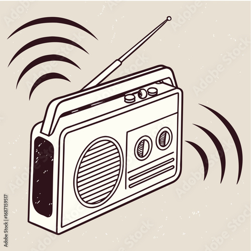A vintage boombox with an extended antenna emits sound waves, evoking a sense of retro music and broadcasting