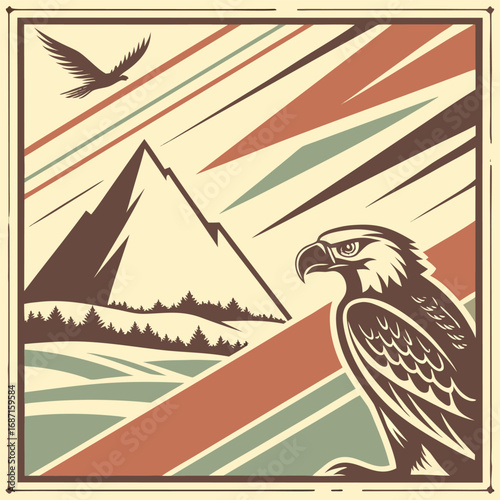 A majestic eagle stands guard in a stylized mountainous landscape with a second eagle soaring above, rendered in a retro, graphic art style