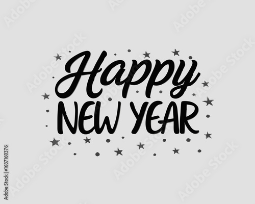 Happy New Year text with scattered stars and dots on a light gray background lettering typography