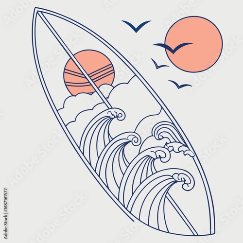 A stylized illustration of a surfboard with crashing waves, two suns, and birds flying in the sky, evoking a sense of summer and adventure