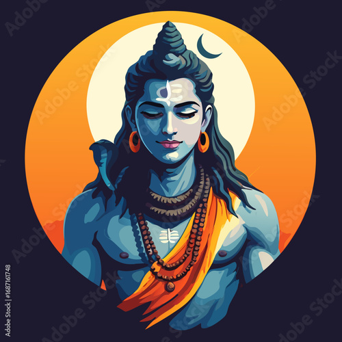 Artistic Vector Portrait of Hindu God Shiva Meditating.