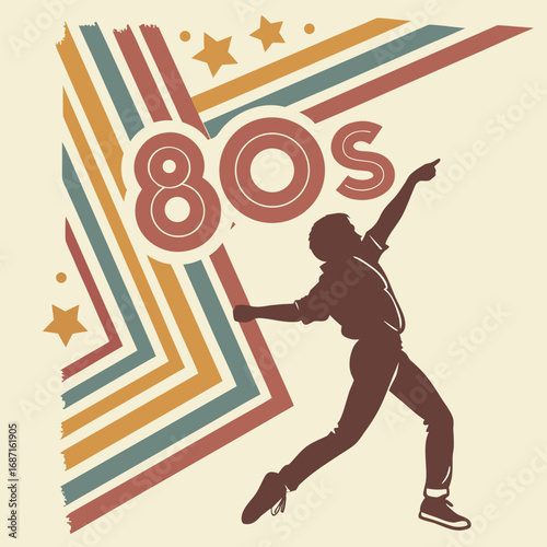 A silhouette of a person dancing energetically against a retro background with bold stripes and the number 80s prominently displayed
