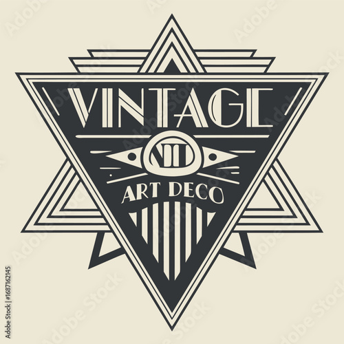 A vintage art deco emblem featuring geometric shapes and the words vintage and art deco in a dark color palette