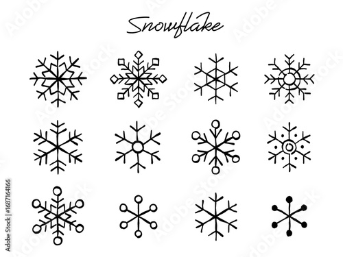 手描きの様々な雪の結晶のベクターイラストセット(モノクロ線画)