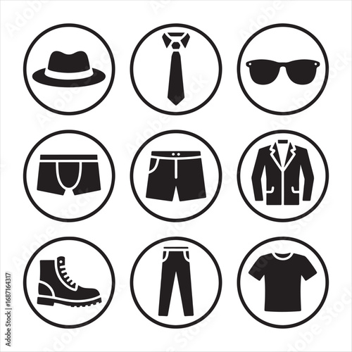 Black and white icons of men's clothing and accessories arranged in a 3x3 grid fashion