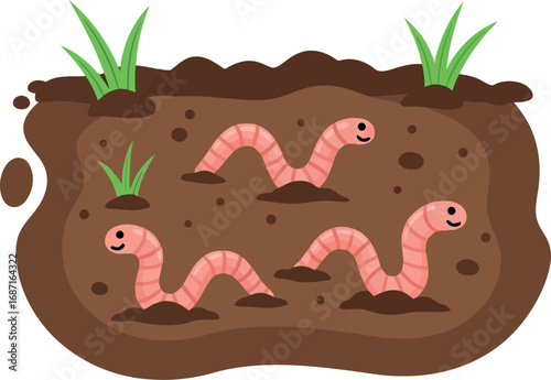 Wiggly earthworms in soil illustration nature science children's educational biology vector