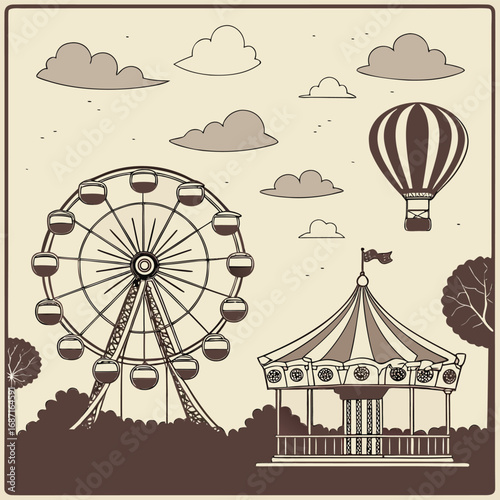 A vintagestyle illustration depicts a whimsical amusement park scene with a ferris wheel, a carousel, and a hot air balloon against a cloudy sky