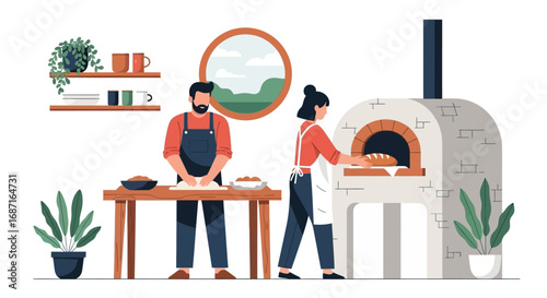 A couple preparing and baking pizza together in a rustic kitchen setting with a wood-fired oven.