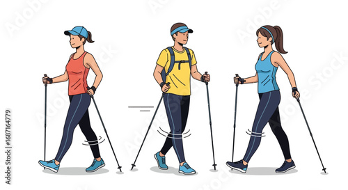 A man and two women in athletic wear practicing Nordic walking with trekking poles as a fitness activity.