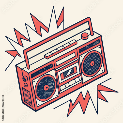 A retro boombox with a cassette tape and speakers, depicted in a vibrant red and blue outline style with energetic sound waves emanating from it