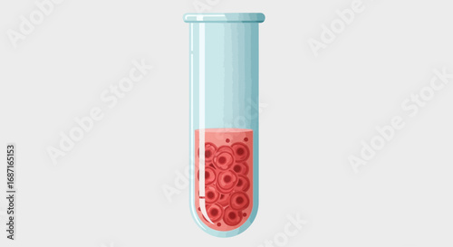 A medical test tube filled with a blood sample, showing numerous red blood cells suspended in plasma.