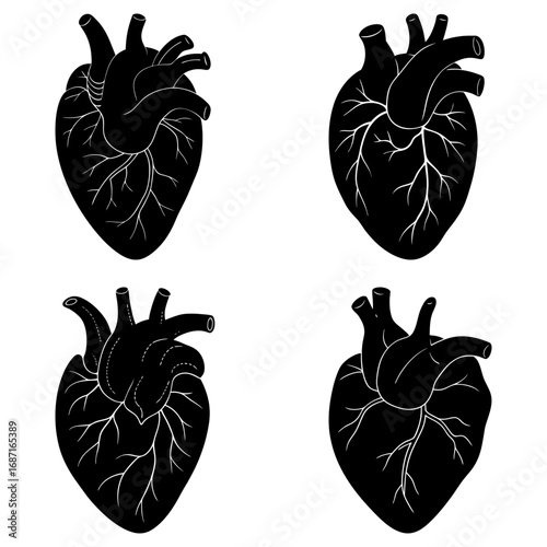 Collection of four anatomical heart illustrations in black silhouette on a white background showing veins