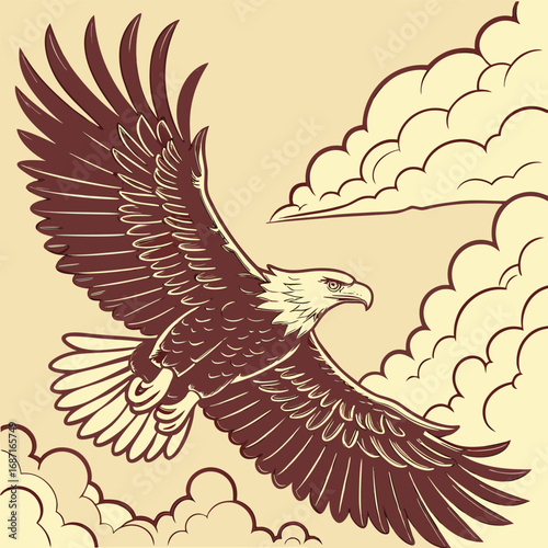 A majestic bald eagle soars through a cloudy sky, its wings spread wide in a powerful display of freedom and strength