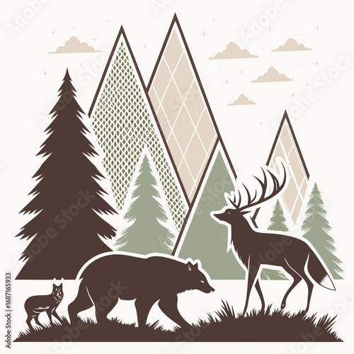 A majestic deer with large antlers stands tall in a stylized forest scene alongside a bear and a fox, with geometric mountains and clouds in the background