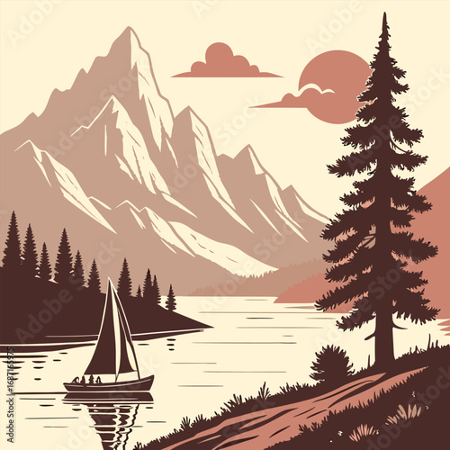A serene sailboat glides across a calm lake with majestic snowcapped mountains in the background under a hazy sun and cloudy sky