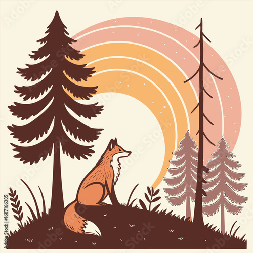 A stylized illustration of a fox sitting in a forest with a rainbow in the background