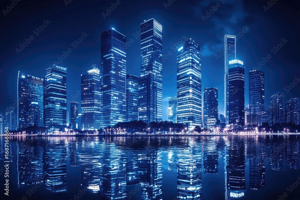 Obraz premium Futuristic city skyline at night with reflective water and illuminated skyscrapers