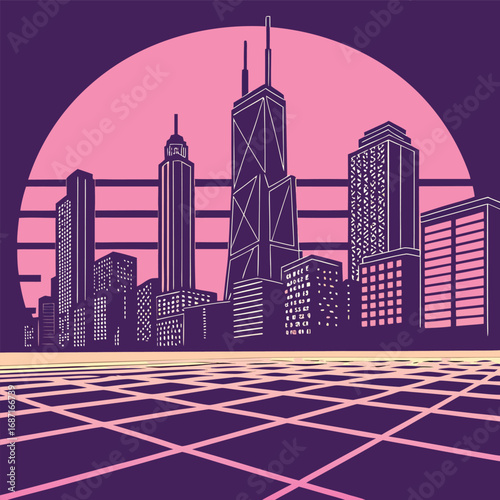 A retrofuturistic cityscape with towering skyscrapers silhouetted against a large, pink, setting sun and a grid pattern on the ground