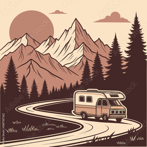 A vintagestyle illustration depicts a camper van driving on a winding road through a forest with majestic mountains in the background under a large, setting sun