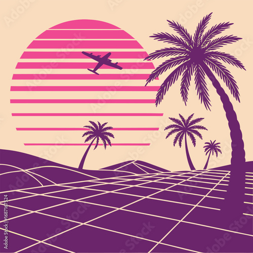 A retrofuturistic landscape featuring palm trees silhouetted against a striped sunset with an airplane flying by, rendered in a vibrant synthwave style