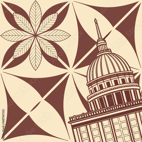 A stylized illustration features a dome building and a floral pattern in a vintage color palette