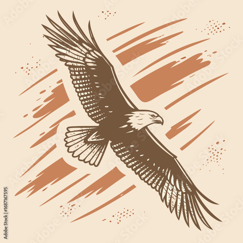 A majestic bald eagle soars through the sky with its wings spread wide, depicted in a stylized, graphic illustration with abstract brushstrokes and speckles in warm, earthy tones