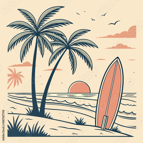A vibrant illustration depicts a serene beach scene at sunset, with two palm trees silhouetted against the sky and a surfboard standing upright in the sand