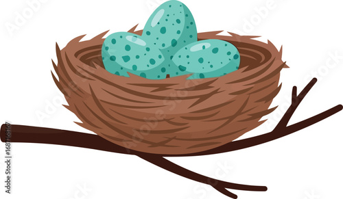 Bird nest with three turquoise eggs on branch spring new life beginning growth nature vector