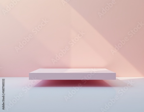 Minimalist light pink geometric platform casting shadow on a soft pink wall with light and shadow patterns