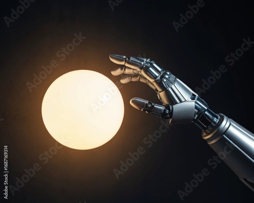 Robotic Hand Reaching for Glowing Orb Futuristic Concept of Technology and Innovation