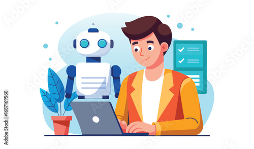 Man and robot working together on a laptop with a digital checklist