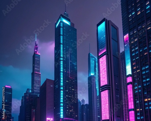 Neon Cityscape Illuminated Skyscrapers Against a Night Sky with Vibrant Reflections