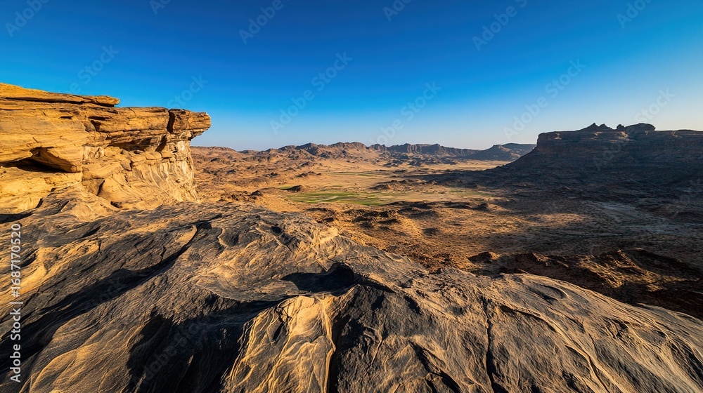 Obraz premium Bizarre Rock and Distant Mountain Landscape - Natural Geological Wonder / Outdoor Adventure Background / Landscape Photography Material