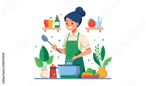 Young woman cooking healthy food in a bright kitchen