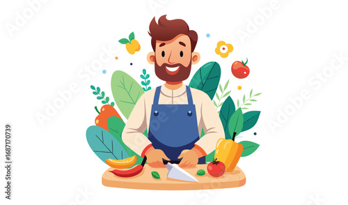 Happy bearded man in apron chopping vegetables for healthy meal