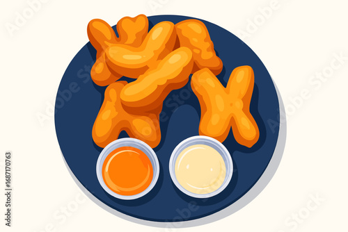An illustration of crispy golden-brown Chinese crullers (Patongo) served on a dark blue plate with two dipping sauces, one orange and one white. The fried dough pieces are arranged in playful shapes, 