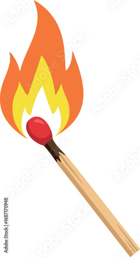 Single lit matchstick igniting bright flame isolated on white simple concept for energy and ideas vector