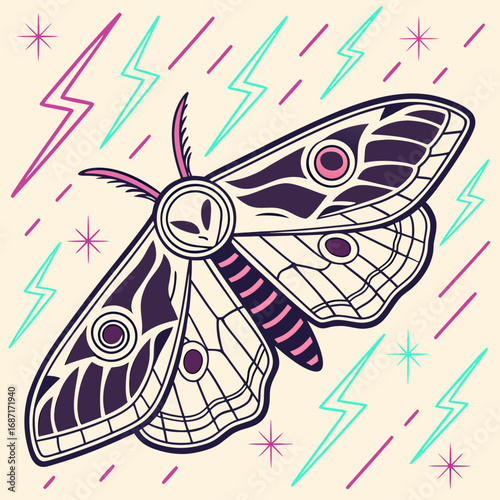 Cosmic alien moth with large patterned wings and an extraterrestrial face, surrounded by vibrant lightning bolts and stars