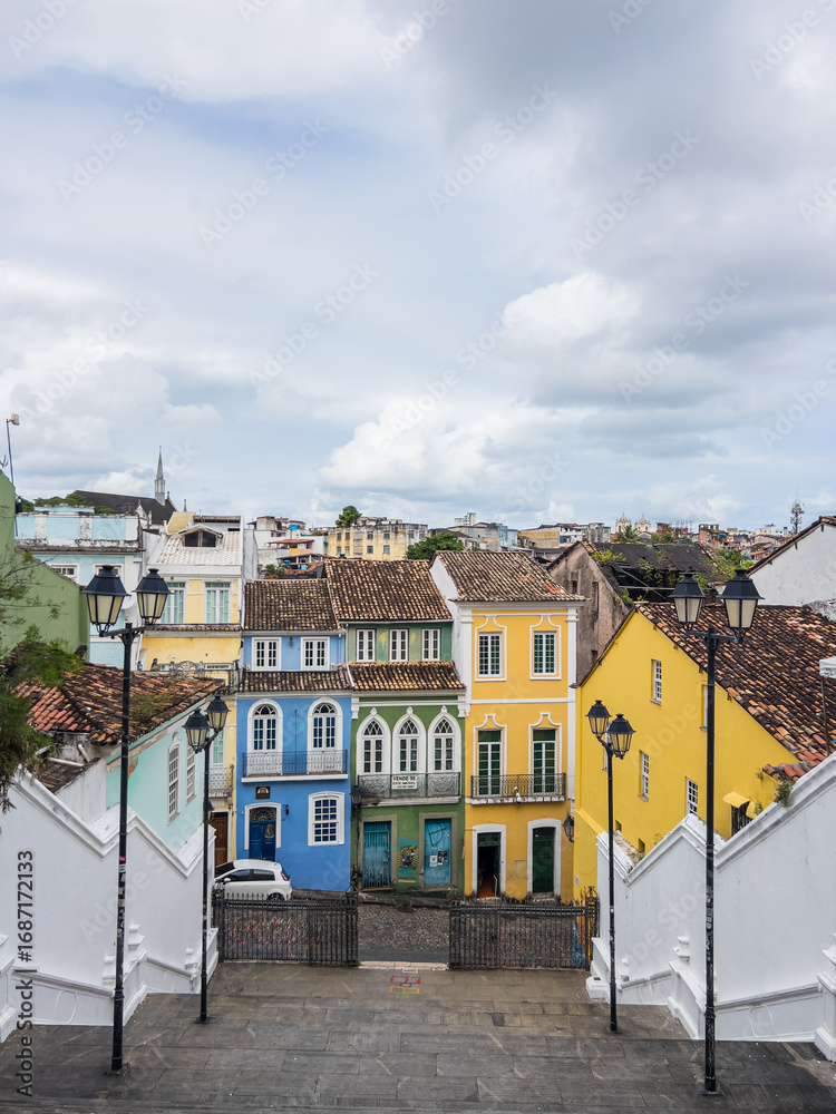 Fototapeta premium Colorful Colonial Houses and Historic Stairs in Santo Antônio Além do Carmo, Salvador, Brazil