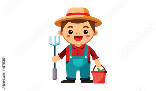 Happy cartoon farmer holding pitchfork and bucket