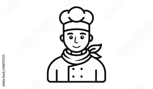 Simple line drawing of a smiling chef wearing a toque and uniform