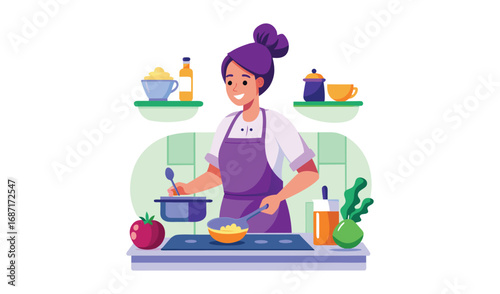 Woman happily cooking a meal in a modern kitchen with fresh ingredients