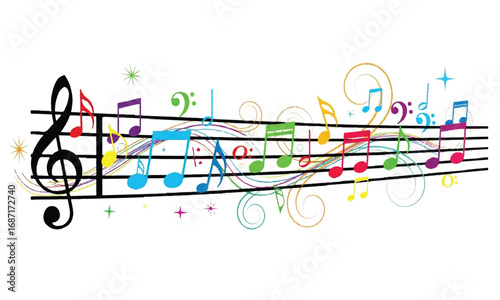 Colorful musical notes on a staff, a decorative illustration design