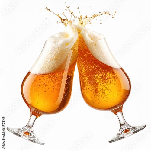 Cheers cold beer splash, two tulip glasses of amber beer clinking on white background