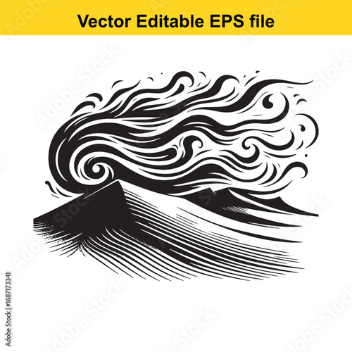 Stylized black and white illustration of a mountain with smoke or wind isolated on white background