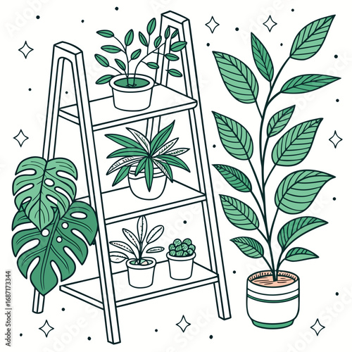 A charming collection of potted houseplants displayed on a ladder shelf with a large monstera plant nearby