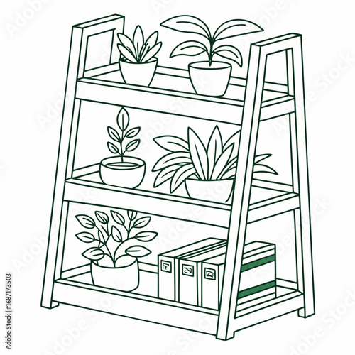 A minimalist line drawing of a three tiered wooden plant stand filled with potted houseplants and books