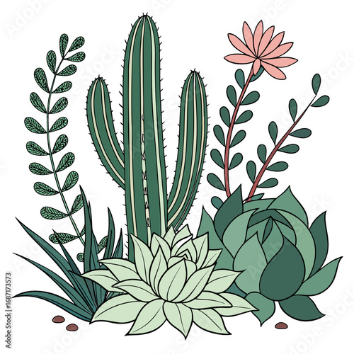 A vibrant illustration of a variety of desert succulents and cacti in a delightful arrangement