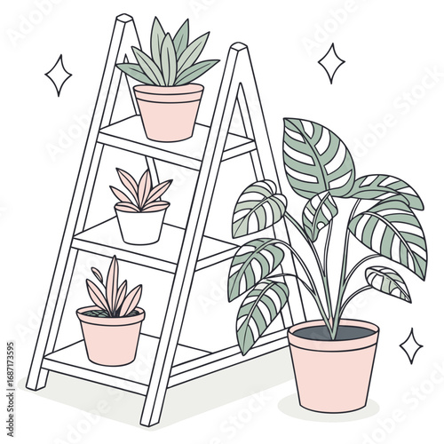Charming illustration of potted houseplants arranged on a modern ladder shelf and a floor pot