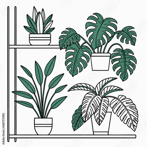 Collection of stylized potted houseplants with green leaves and minimalist outline on a shelf